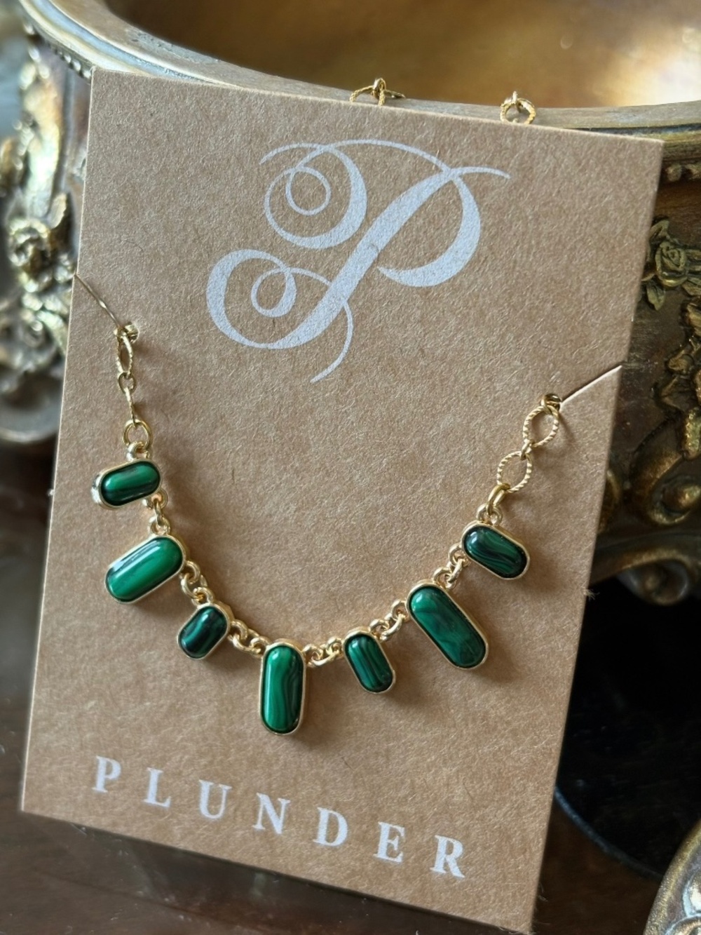 Goldtone Necklace with Green Mini Pendants by Plunder Design Private Label